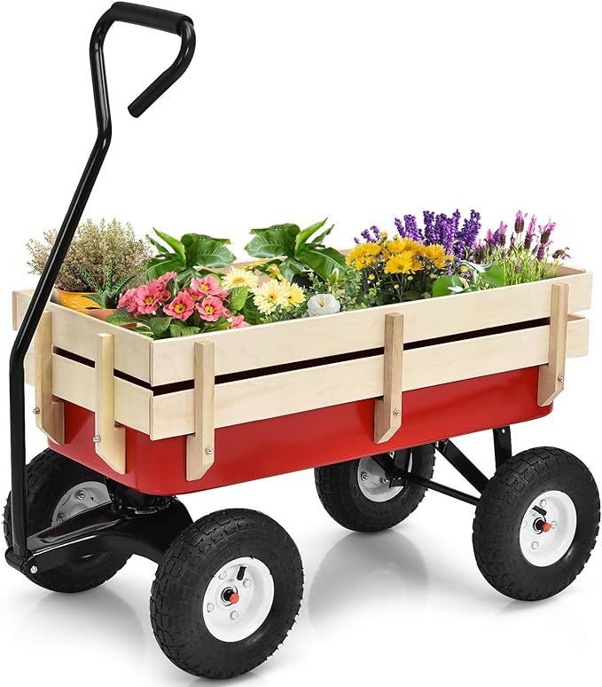 Giantex All Terrain Cargo Wagon Wood Railing Kids Children Garden Air Tires Outdoor Red | Amazon (US)