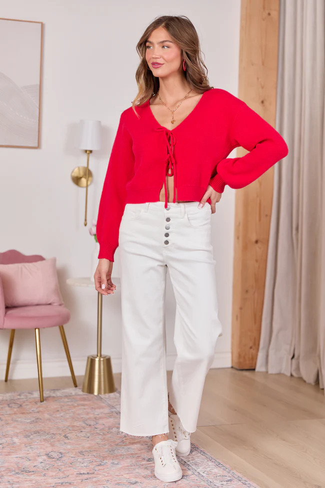 Eve Red Cropped Tie Front Cardigan | Pink Lily