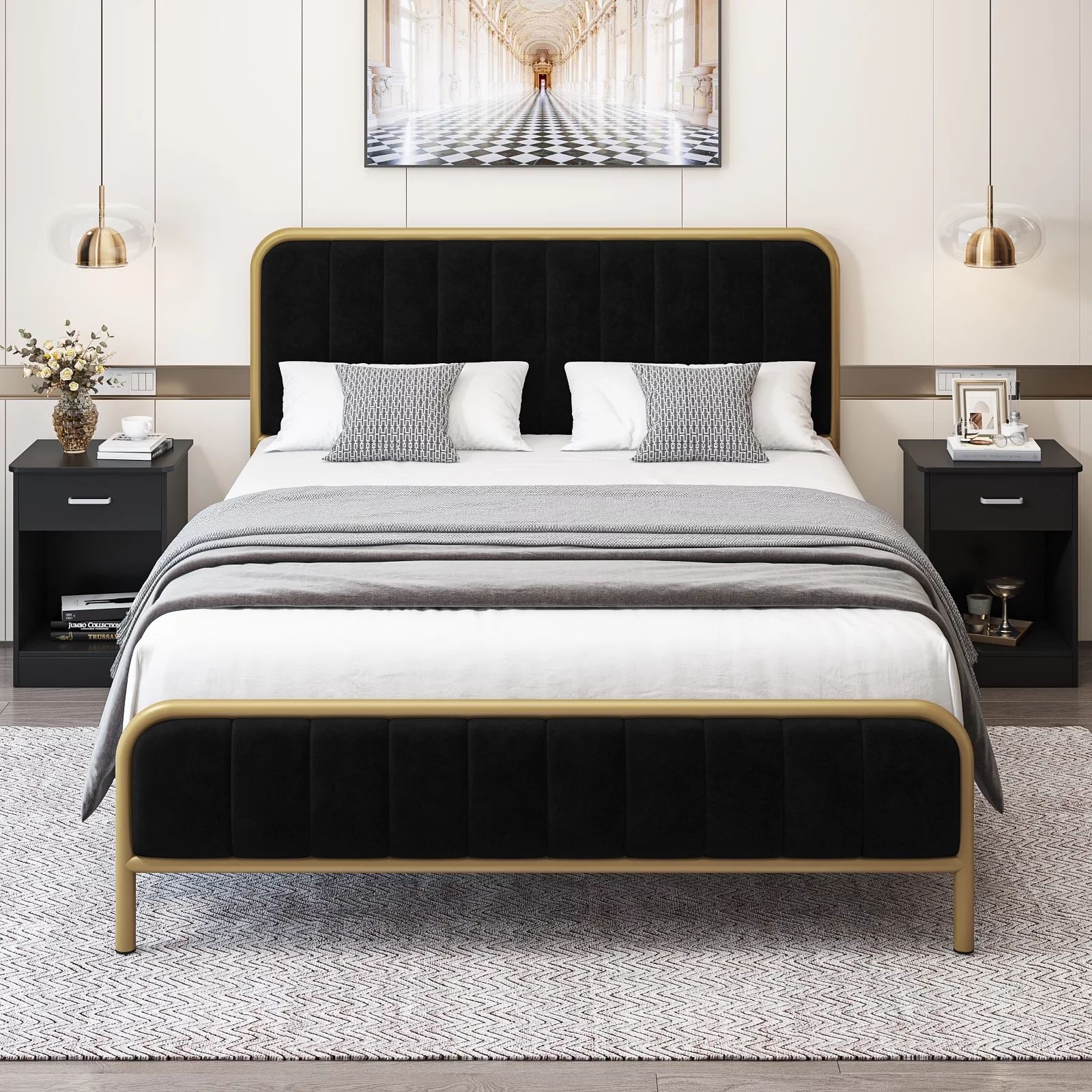 Homfa King Size Bed Frame, Metal Tubular Platform Bed Frame with Upholstered Headboard, Black | Walmart (US)