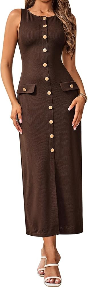 HTZMO Women's Sleeveless Sweater Maxi Dress Bodycon Button Ribbed Knit Pullover Casual Long Dress... | Amazon (US)