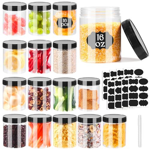 Janisfirst 16oz Clear Plastic Jars With Lids,Plastic Jars With Lids,Airtight Container Ideal For Dry Food, Peanut Butter, Honey Jam,Cream, Bathroom and Storage(set of16) | Amazon (US)