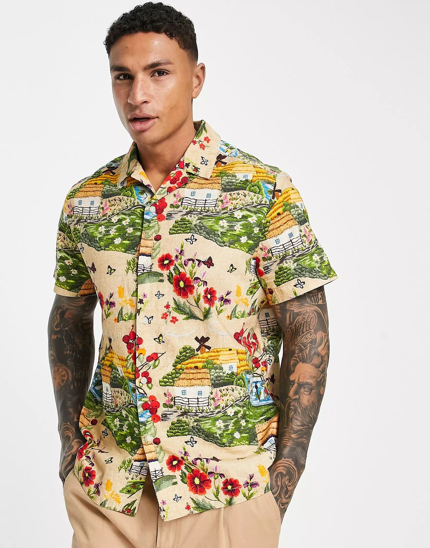ASOS DESIGN relaxed revere shirt in linen look with scenic print | ASOS (Global)