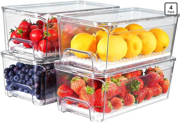 4-Pack Refrigerator Drawer Organizer Bins, Clear Stackable Pull Out Fridge Organizers and Storage... | Amazon (US)