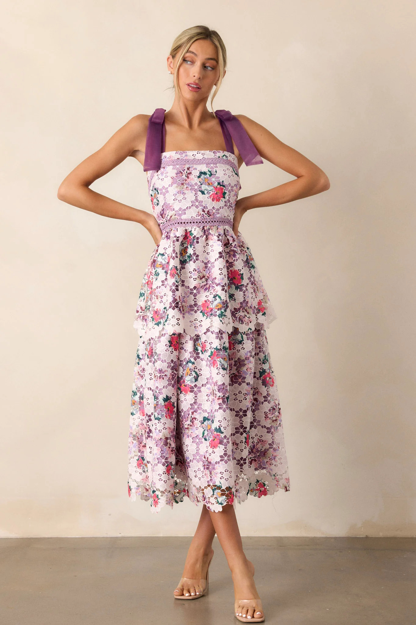 Romance In Bloom Lavender Floral Embroidered Midi Dress | Red Dress