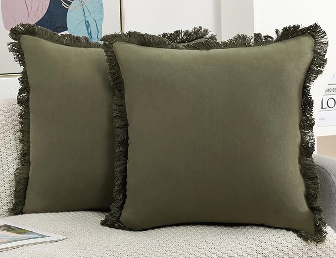 Set of 2 Natural Linen Fringed Throw Pillow Covers,Olive Green Neutral Decorative Pillowcase with... | Amazon (US)