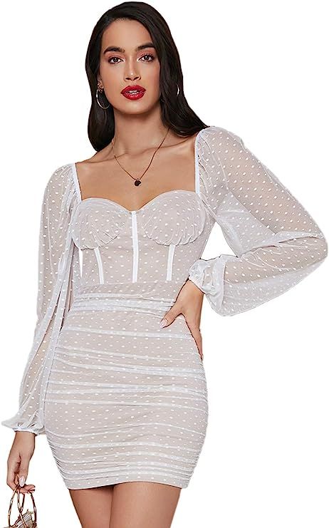 Floerns Women's Sweetheart Neck Lantern Sleeve Swiss Dot Bodycon Mini Dress | Amazon (US)