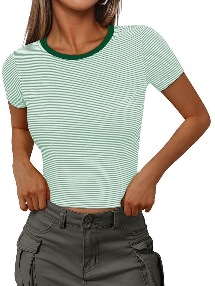 Womens Summer Short Sleeve Striped T Shirts Crewneck Slim Fit Blouse Fashion Baby Tees 2025 Crop ... | Amazon (US)