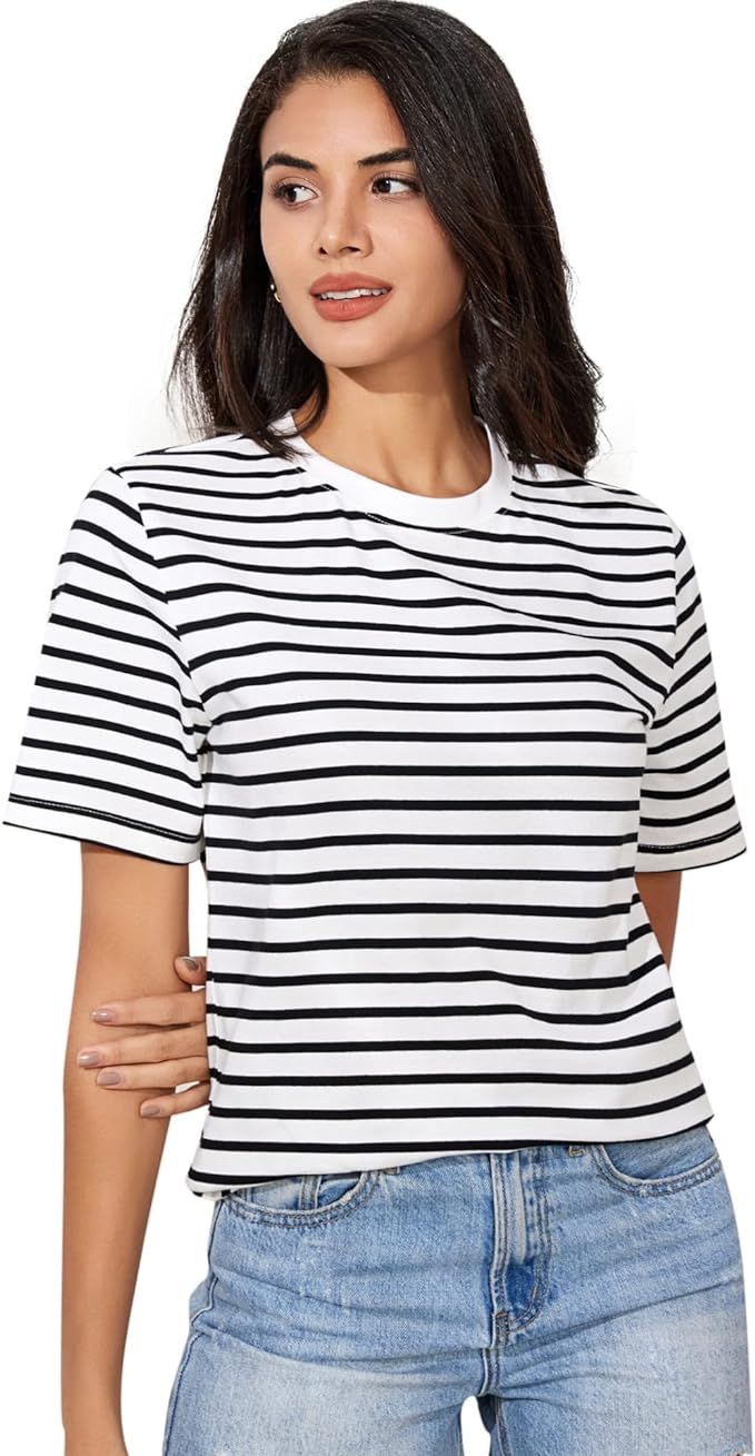VEIISAR Womens Crew Neck T Shirt Colorful Stripes Tee Tops | Amazon (US)