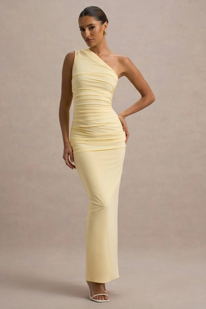 Dalarie  Pale Lemon One-Shoulder Gathered Maxi Dress | Club L London