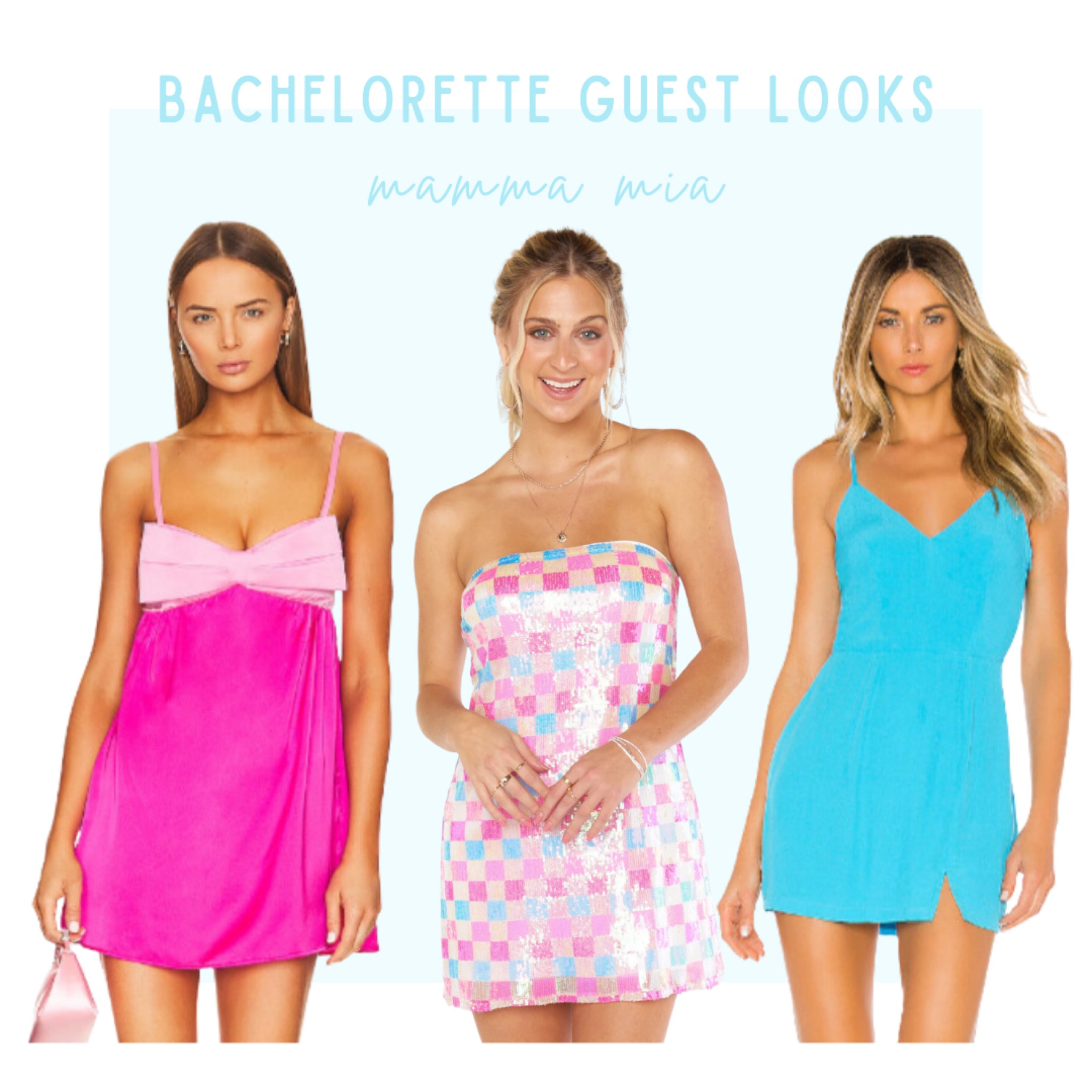 Mamma Mia bachelorette guest looks! Have your girls dress in pinks & turquoises 🩷🩵

bachelorette dresses, mini dresses, vacation dresses, pink mini dress, turquoise mini dress, show me your mumu dress, revolve dress, mamma Mia dresses, shimmer mini dress, bachelorette outfits 

#LTKtravel #LTKwedding #LTKstyletip