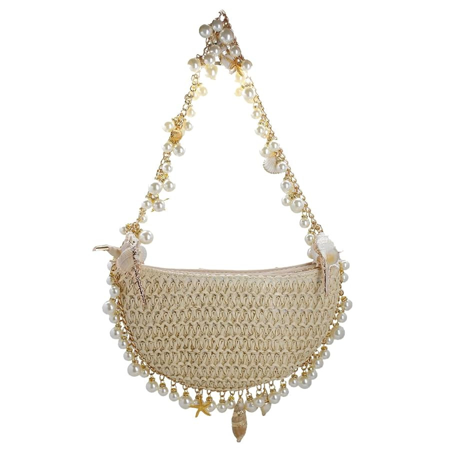 Women Pearl Straw Clutch Purse Woven Summer Beach Evening Bag Wedding Party Straw Shoulder Handba... | Amazon (US)