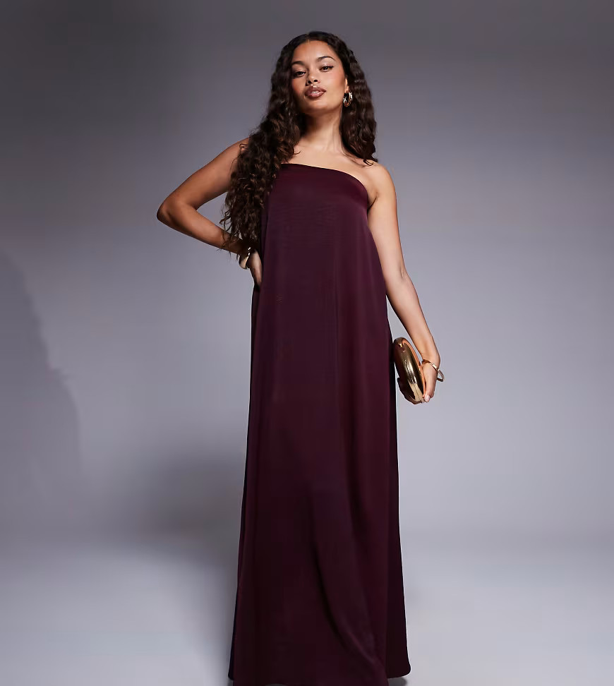 ASOS DESIGN Petite bandeau trapeze satin maxi dress in burgundy-Red | ASOS (Global)