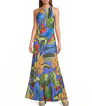 Farm Rio Blue Banana Grapes High Round Neck Sleeveless Maxi Dress -  S | Dillard's