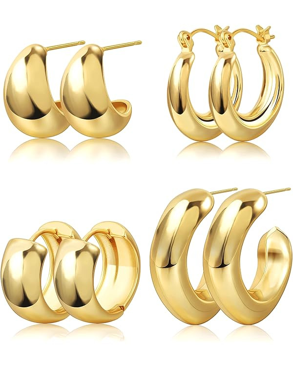 Gold Hoop Earrings Lightweight Chunky - Gold Earrings for Women 14K Gold Plated Earrings Thick Te... | Amazon (US)