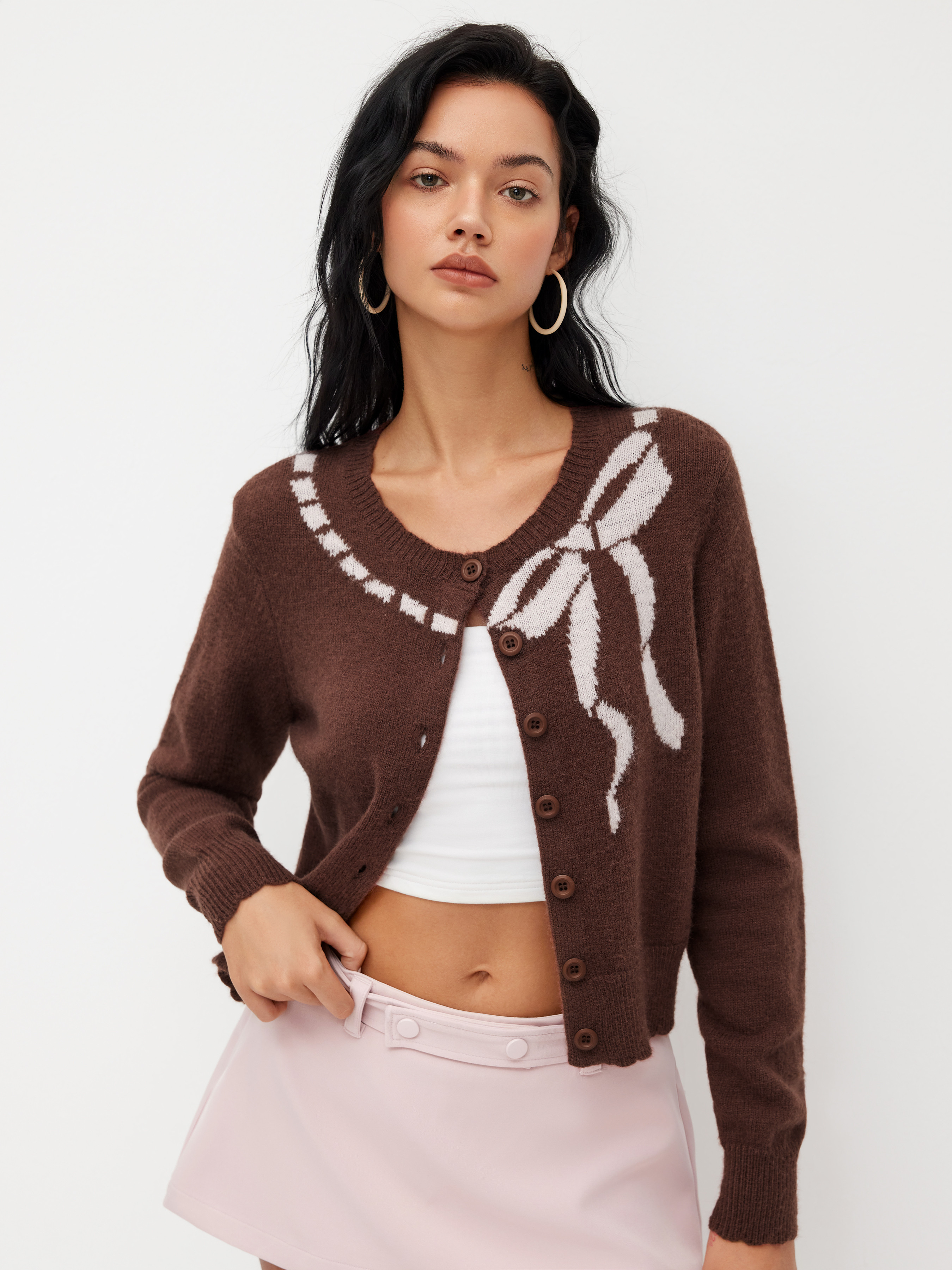 Knit Fabric Knit Round Neckline Bowknot Graphic Lettuce Trim Cardigan For Daily Casual | Cider