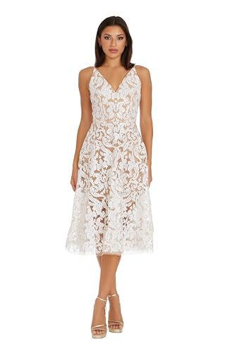Dress the Population Women's Blair Lace Sequin Fit & Flare, White/Nude, L | Amazon (US)