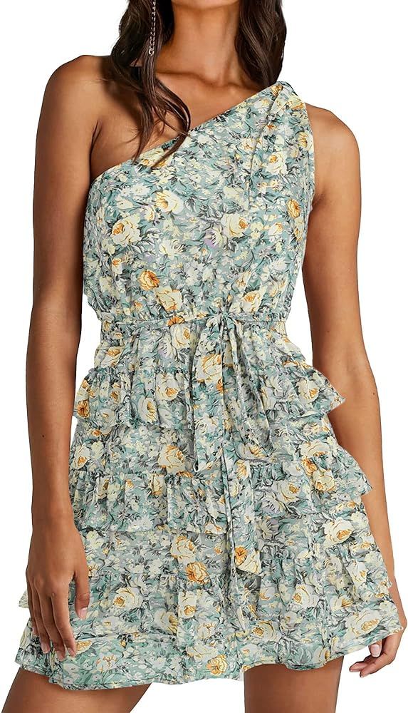 BTFBM 2024 Women One Shoulder Casual Summer Dresses Floral Boho High Waist Beach Ruffle Tiered A ... | Amazon (US)