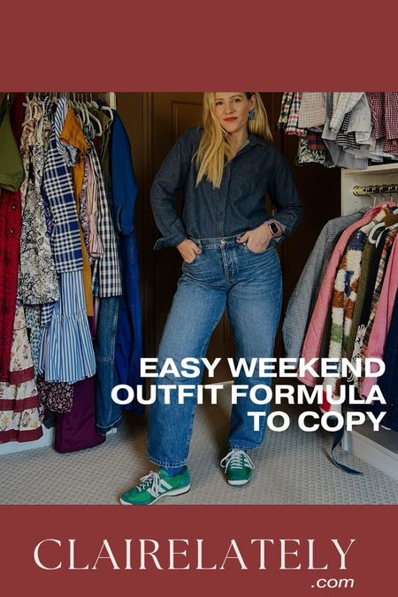 WEEKEND OUTFIT FORMULA to copy...that does not include leggings: Your favorite sneakers, denim jeans, chambray top, fun earrings, and a lip color. 

Easy and comfortable while feeling elevated and put together. 

❤️ Claire Lately 

#LTKfindsunder100 #LTKmidsize #LTKover40