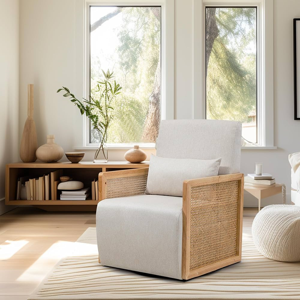 Dolonm Swivel Sofa Chair with Rattan Armrests and Waist Pillow, Modern Upholstered Accent Chair, ... | Amazon (US)