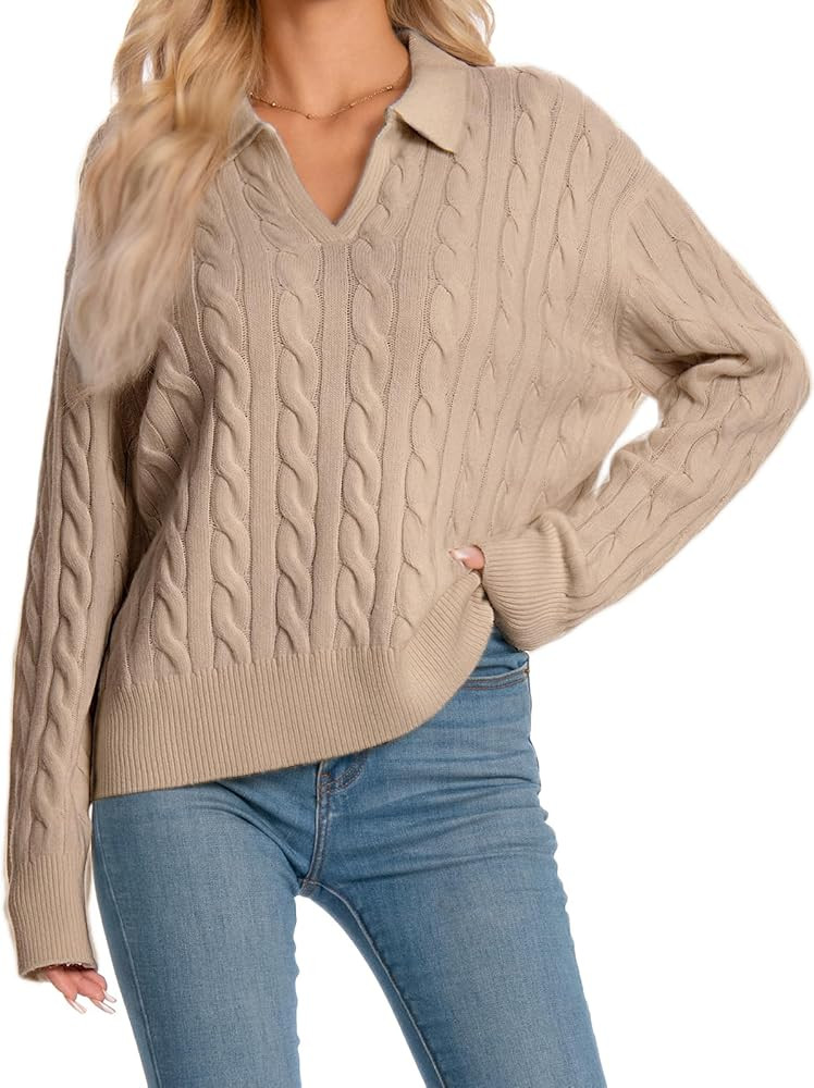 Womens Oversized Cable Knit Sweater Fall Fashion 2025 Lapel V Neck Chunky Pullover Tops Causal Wi... | Amazon (US)