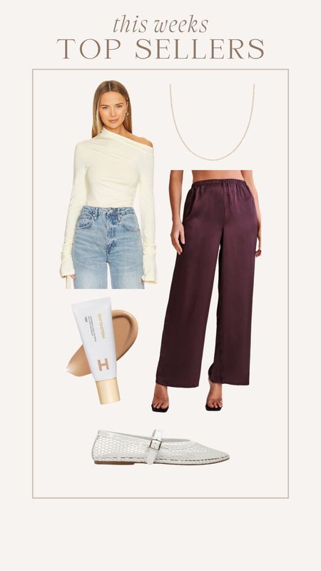 This weeks top sellers🤍 Satin pants, tennis necklace, skin tint, mesh ballet flats, off the shoulder top.

#LTKSeasonal #LTKstyletip #LTKfindsunder100