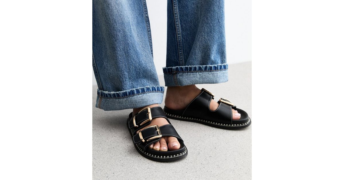 Black Faux Leather Whipstitched Sole Sandals | New Look | New Look (UK)