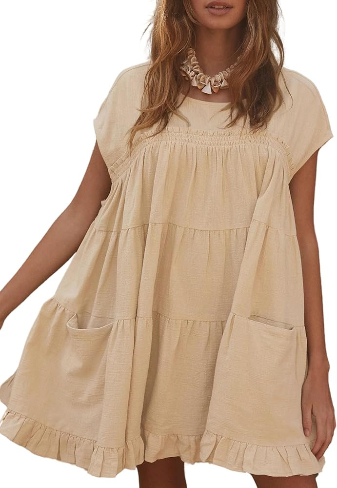 Athlisan Womens Summer Mini Dress Casual Crew Neck Flowy Babydoll Dress with Pockets | Amazon (US)