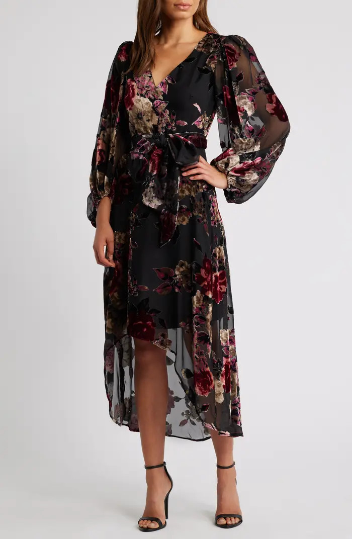 Floral Burnout Long Sleeve High-Low Cocktail Dress | Nordstrom