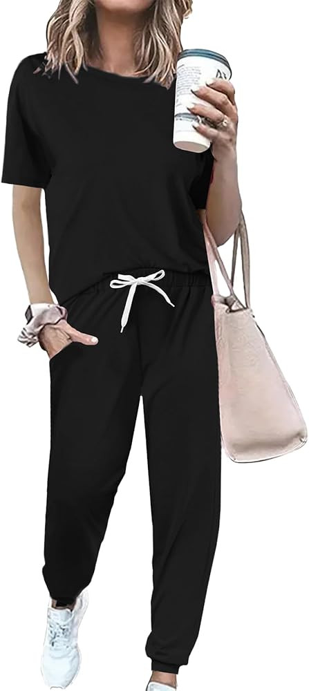 Women 2 Piece Outfits Summer Set Striped Short Sleeve Sweatsuits Crew Neck Pullover Lounge Tracks... | Amazon (US)