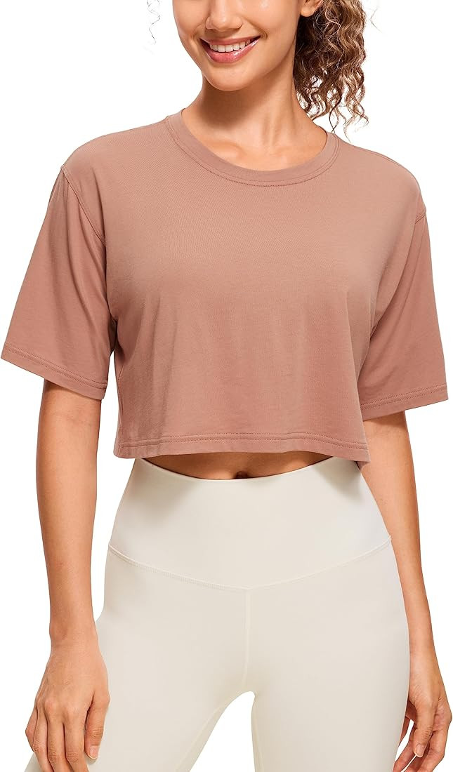 CRZ YOGA Women's Pima Cotton Workout Crop Tops Short Sleeve Yoga Shirts Casual Athletic Running T... | Amazon (US)
