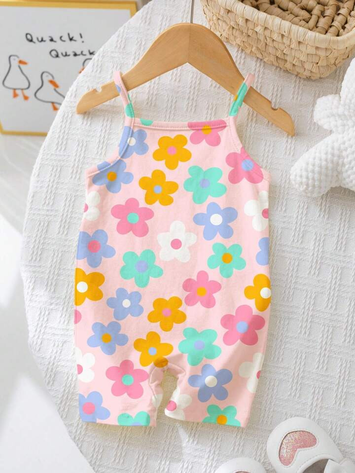 Cute Cartoon Dopamine Floral Pattern, Baby Girl Casual Strap Romper Shorts, Suitable For Spring/Summer | SHEIN