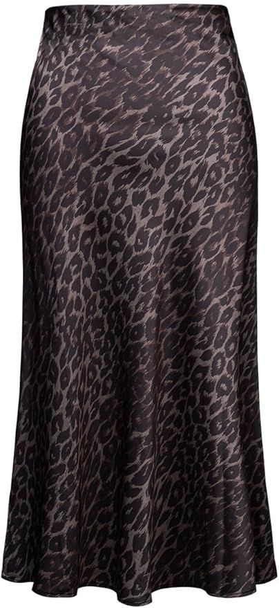 Womens Leopard Print Skirt Midi Long Length Silk Satin High Waist Elastic Skirts | Amazon (US)