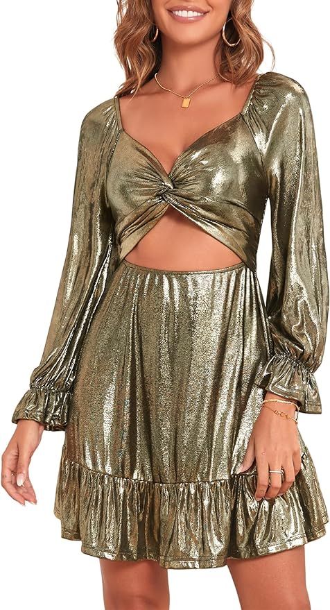 ZAFUL Women's 2023 Long Sleeve V Neck Mini Dress Smoked Back Glitter Club Cocktail Party Evening ... | Amazon (US)