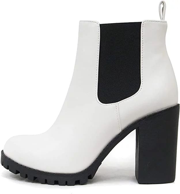 Luxemoda Glove White Chelsea Ankle Boot w/Lug Sole Elastic Gore Chunky Heel (8) (White (Pu), 7.5) | Walmart (US)
