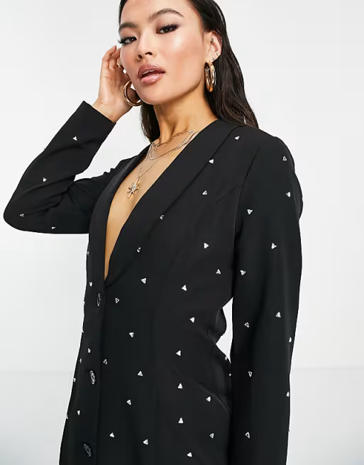 Saint Genies rhinestone embellishment blazer dress in black | ASOS (Global)