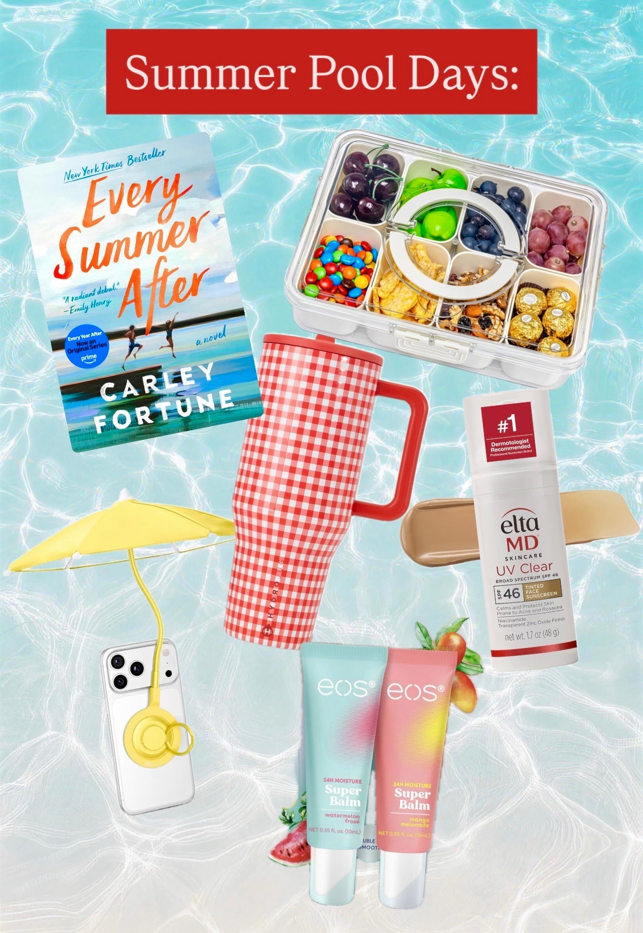Summer pool day. Summer must haves. Fav summer products. Summer reads. Tinted sunscreen. Phone umbrella. Snackle box. Lip butter. Hydrojug.

#LTKSeasonal