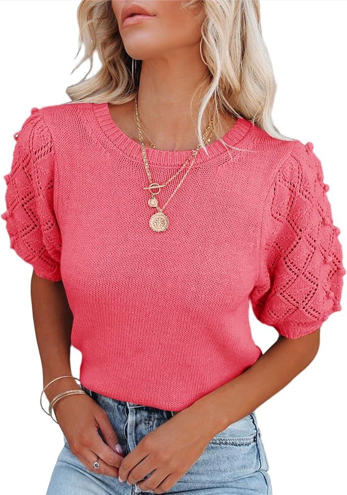 Nulibenna Womens Summer Puff Short Sleeve Sweater Tops Spring Casual Loose Knit Blouses Crew Neck... | Amazon (US)