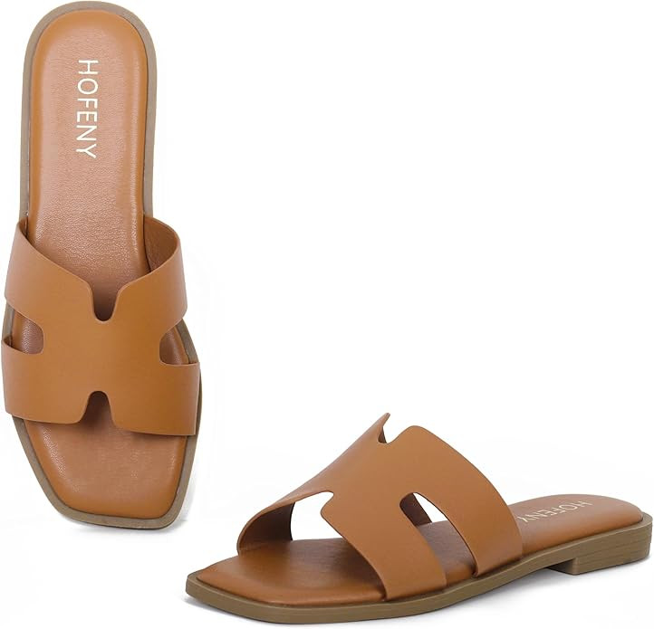 Womens Slip On Flat Sandals Soft Leather Open Toe Slide for Summer Dressy | Amazon (US)