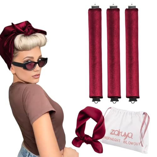 Overnight Blowout Rods Heatless Hair Curler with Luxury Cloth Bag Silk Scarf, Heatless Curling Rod Headband to Sleep in No Heat Curling Headband with Hook for All Hair Types (Wine red, 3Rods) | Amazon (US)