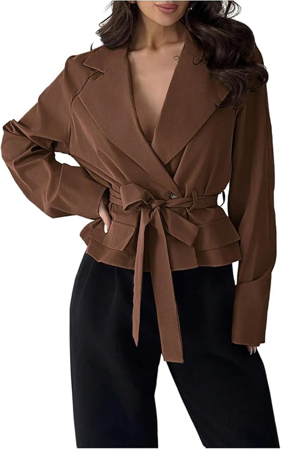 SHENHE Women's Classic Lapel Cropped Trench Coat Long Sleeve Wrap Blazer Jackets Outerwear With B... | Amazon (US)