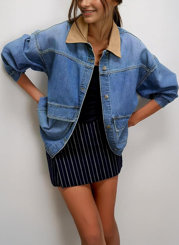 EVALESS Jean Jacket Women Trendy Color Block Denim Jacket Oversized Long Sleeve Button Down Barn ... | Amazon (US)