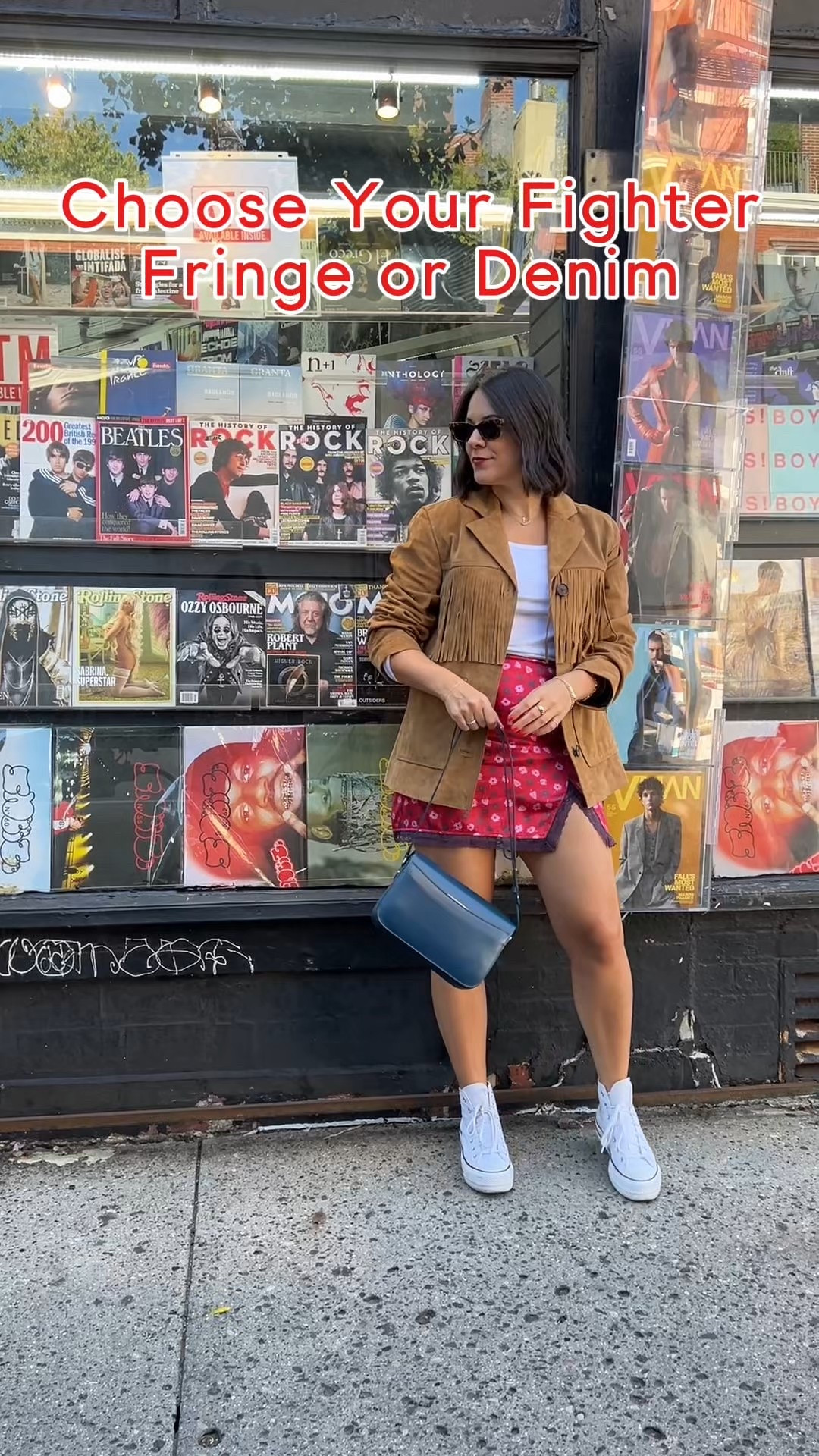 Floral mini skirt and tee styled two ways. Fringe suede Madewell jacket or damson madder denim jacket as the perfect toppers.

#LTKStyleTip #LTKFindsUnder100 #LTKFindsUnder50