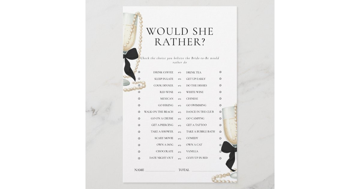 Black Bow Pearls & Prosecco Bridal Shower Game Stationery | Zazzle | Zazzle