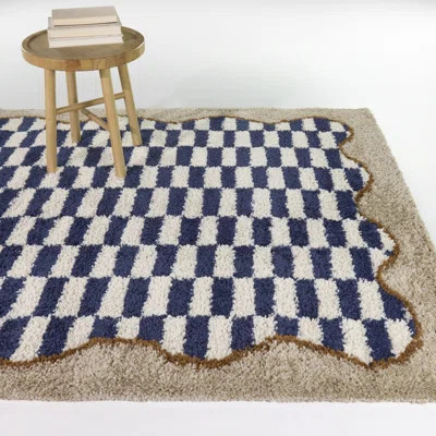 Timandra Navy/Beige Checkered Scallop Border Area Rug | Wayfair North America