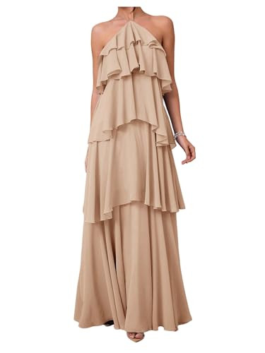SOLY HUX Women's Sundresses Ruffle Layered Halter Flowy Maxi Dress Elegant Wedding Guest Dresses | Amazon (US)