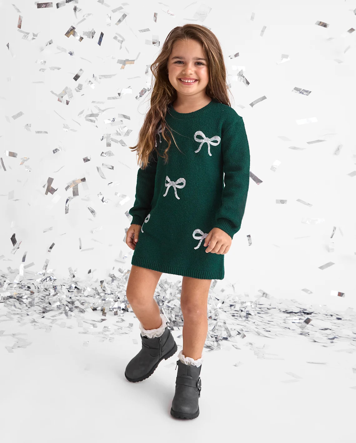 Baby And Toddler Girls Sequin Bow Sweater Dress - green | The Children's Place