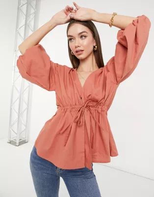 ASOS DESIGN tie waist kimono top with puff sleeves in dusty pink | ASOS (Global)
