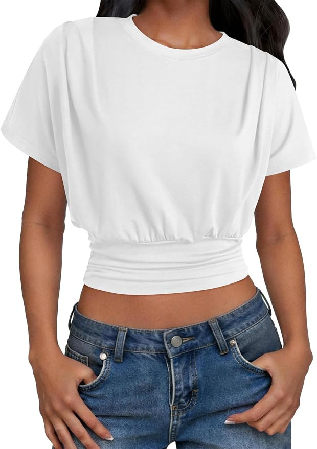 Remidoo Cinched Waist Crop Top for Women Short Sleeve Ruched Banded Hem | Amazon (US)