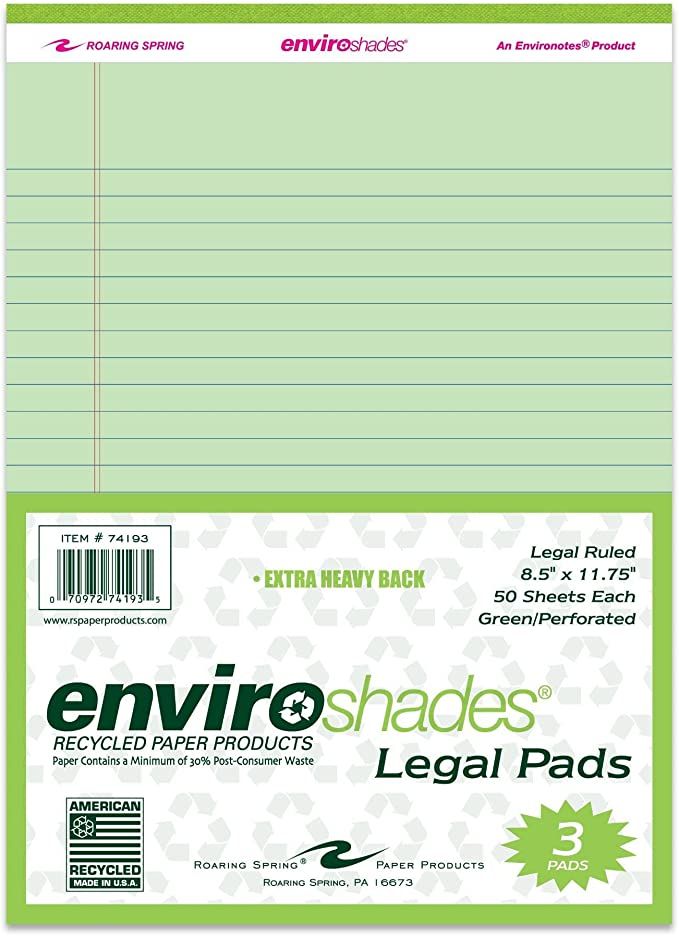 Roaring Spring Enviroshades Recycled Legal Pads, 3 Pack, 8.5" x 11.75" 50 Sheets, Green | Amazon (US)