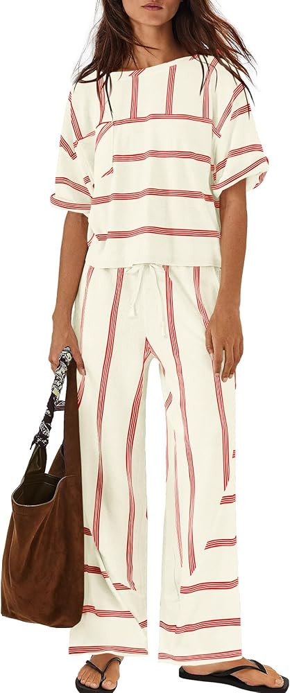 Nirovien Womens Striped Lounge Set 2 Piece Vacation Sets Short Sleeve Tops and Wide Leg Pants Tra... | Amazon (US)